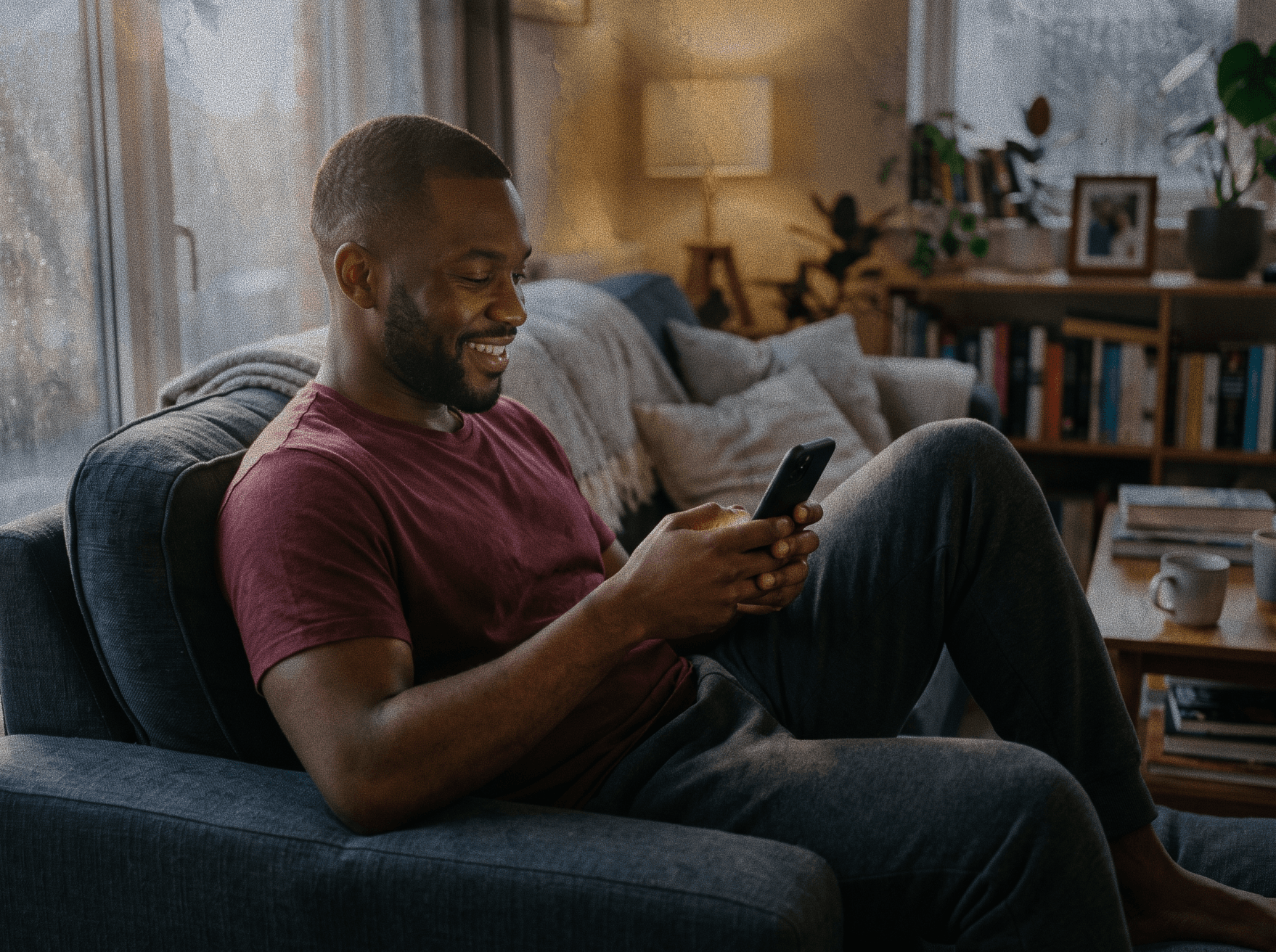 Individual using smartphone at home on couch
